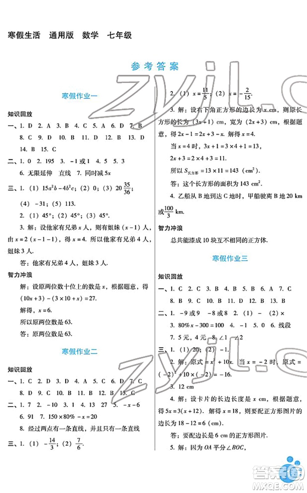 河北少年兒童出版社2022寒假生活七年級數(shù)學(xué)通用版答案