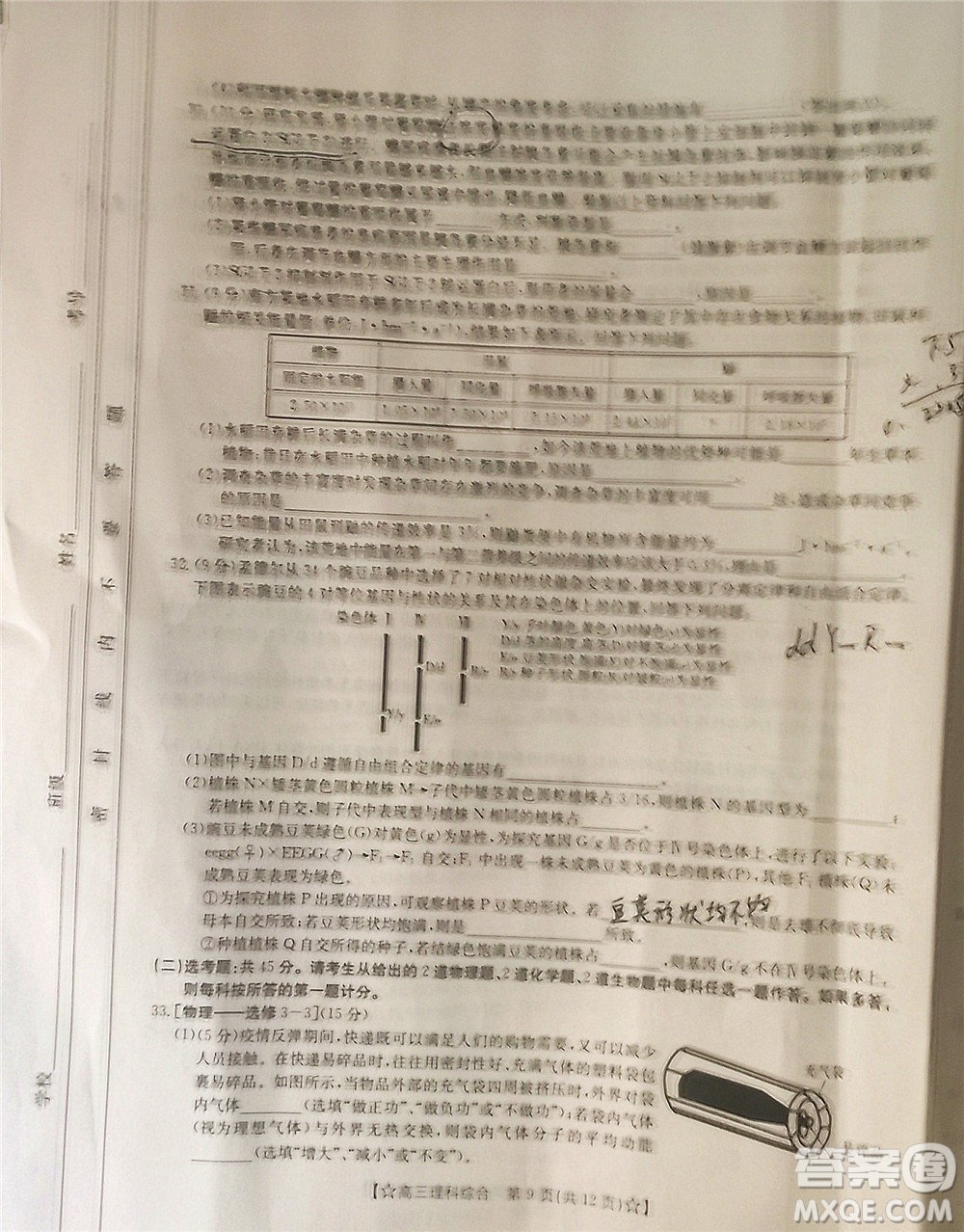 2022年1月貴州省高三考試?yán)砜凭C合試卷及答案