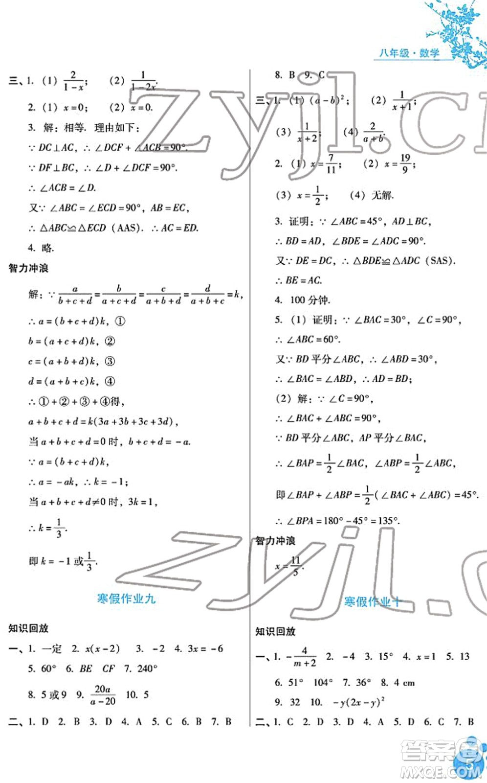 河北少年兒童出版社2022寒假生活八年級數(shù)學通用版答案