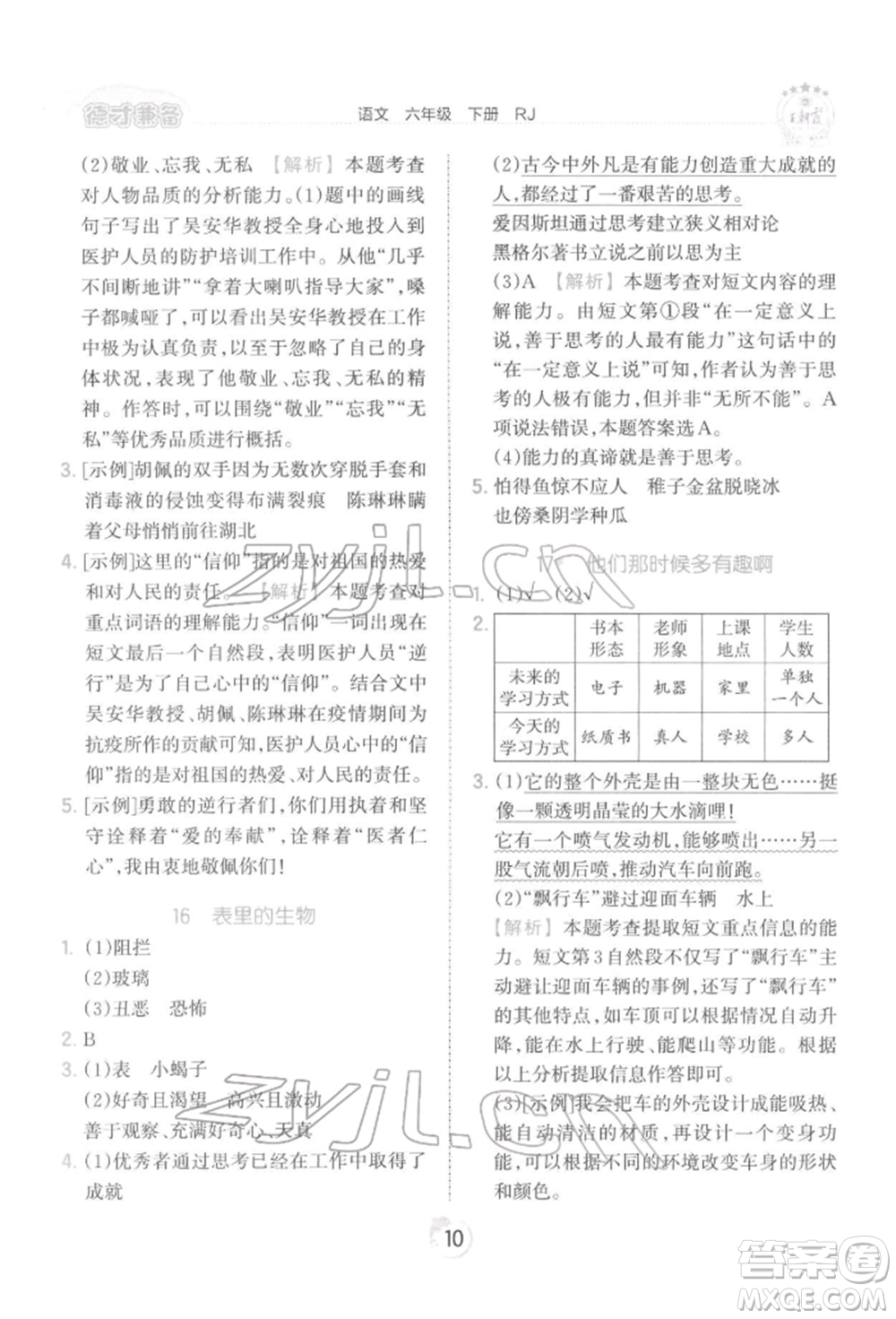 江西人民出版社2022王朝霞德才兼?zhèn)渥鳂I(yè)創(chuàng)新設(shè)計(jì)六年級語文下冊人教版參考答案