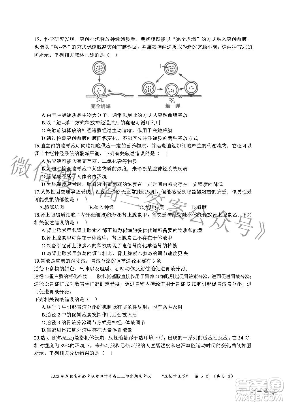 2022年湖北省新高考協(xié)作體高三上學期期末考試生物學試卷及答案