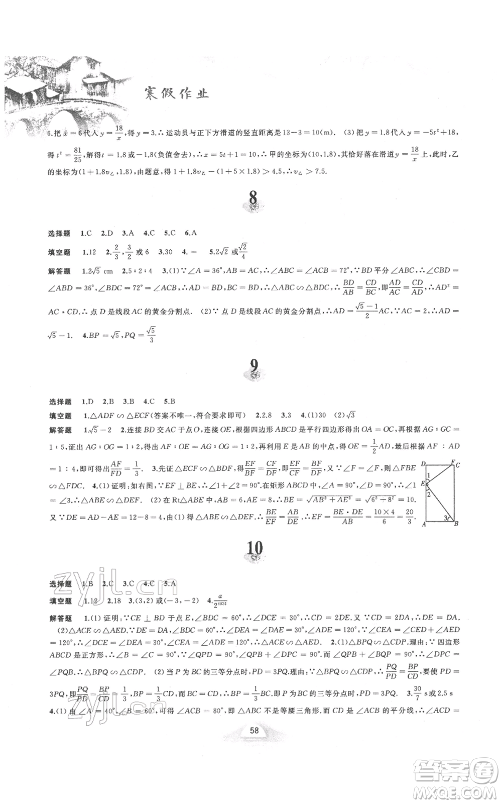 黃山書社2022寒假作業(yè)九年級(jí)數(shù)學(xué)滬科版參考答案