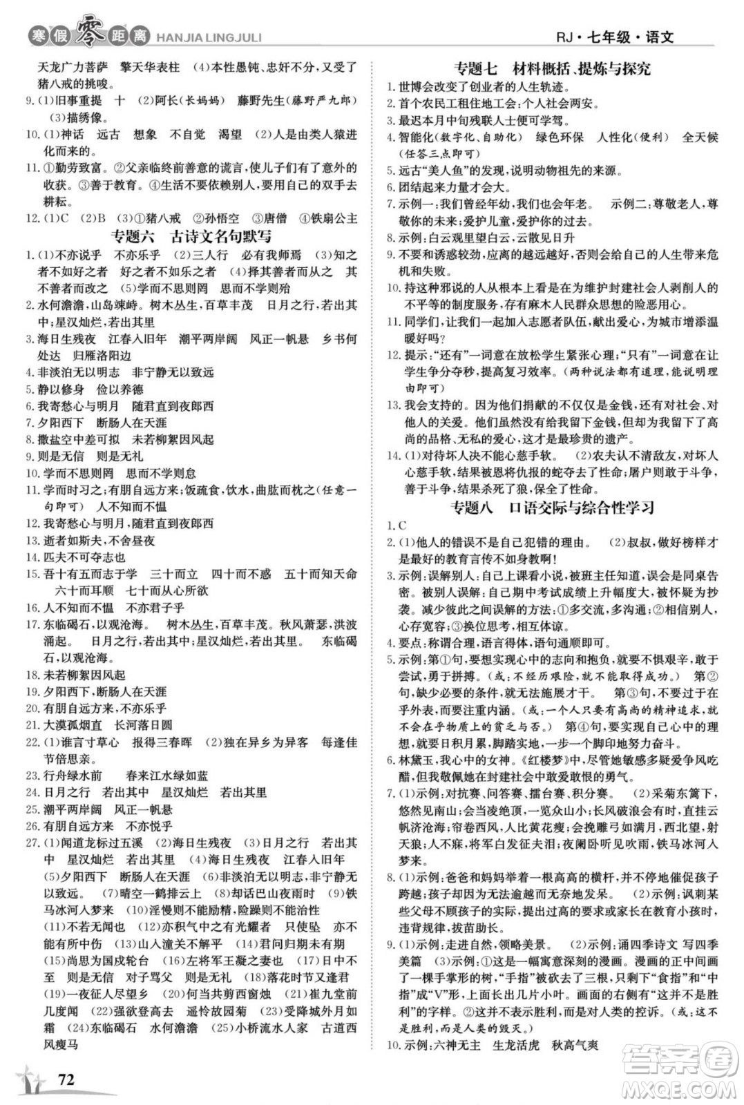 合肥工業(yè)大學(xué)出版社2022寒假零距離學(xué)期系統(tǒng)復(fù)習(xí)語文七年級R人教版答案