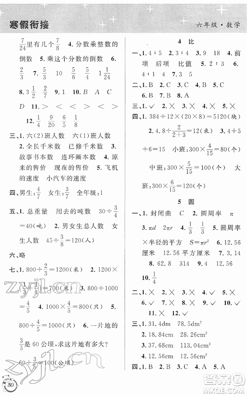 安徽人民出版社2022第三學(xué)期寒假銜接六年級(jí)數(shù)學(xué)RJ人教版答案