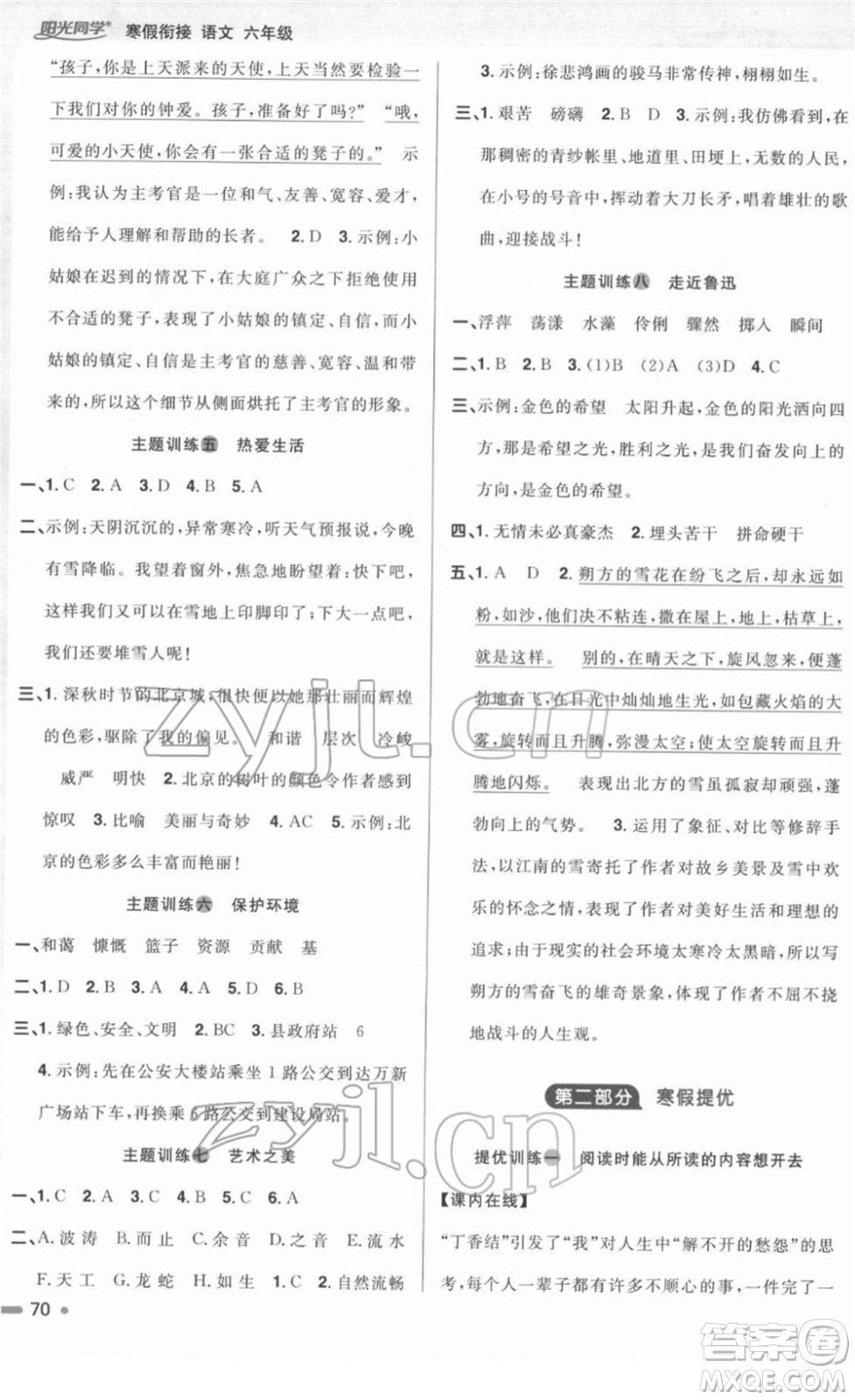 江西教育出版社2022陽光同學(xué)寒假銜接六年級語文人教版答案