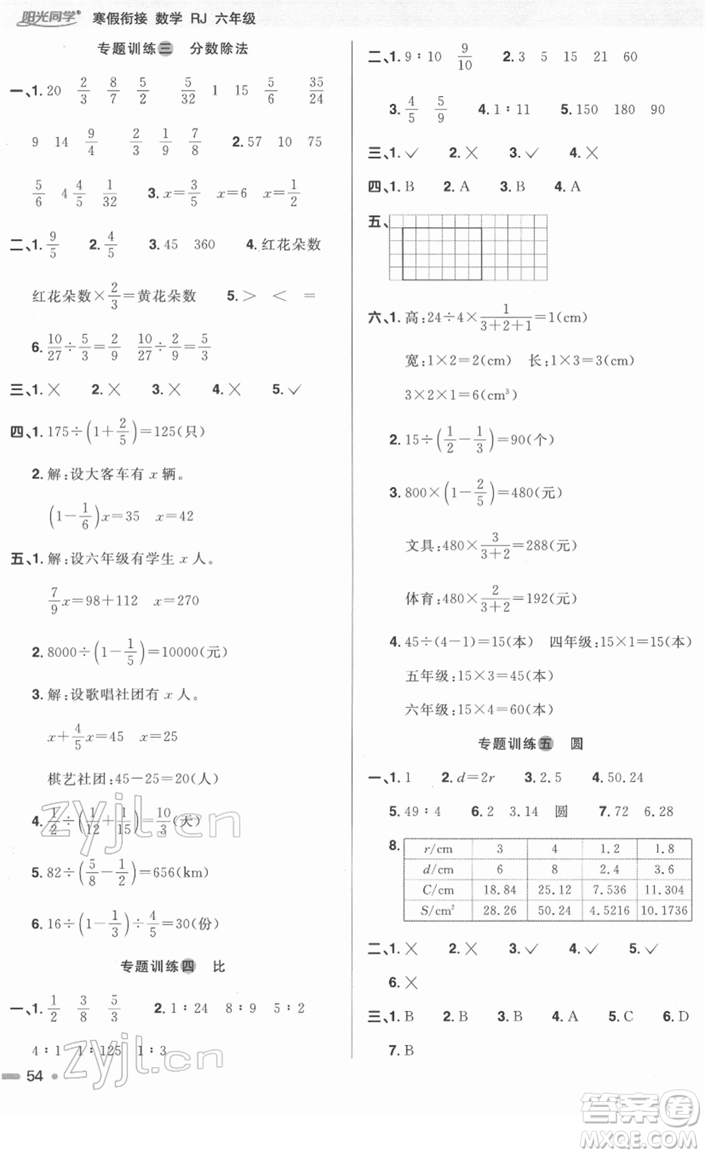 江西教育出版社2022陽光同學(xué)寒假銜接六年級數(shù)學(xué)RJ人教版答案