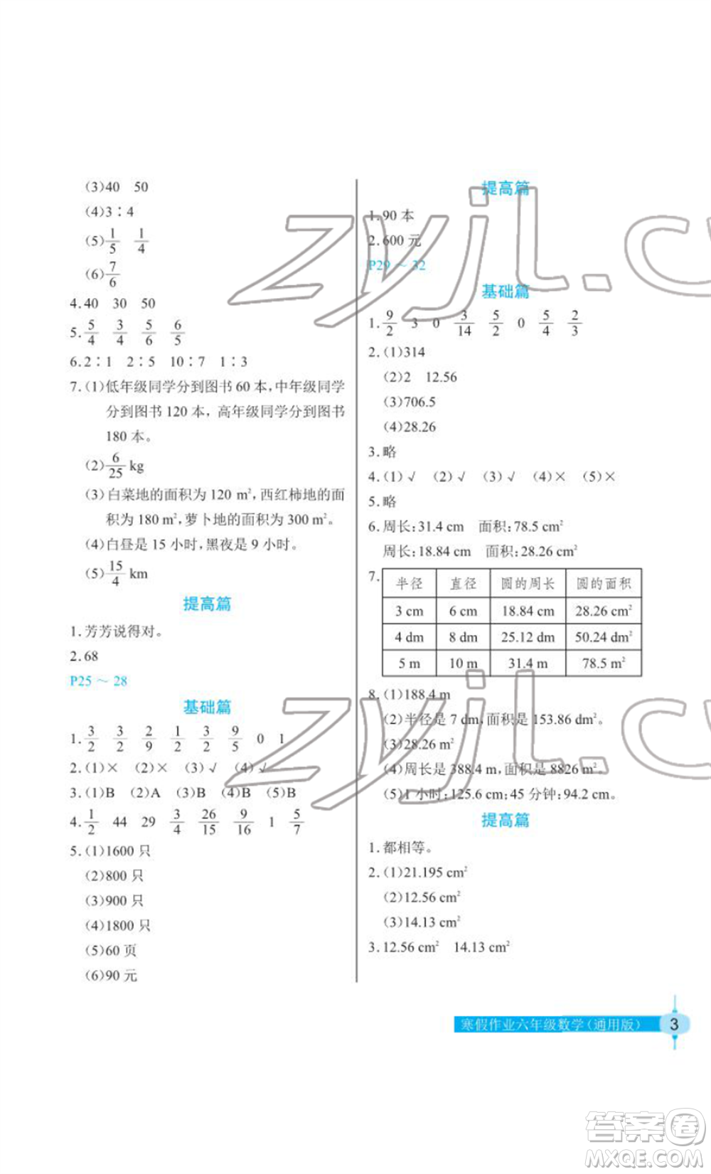 長(zhǎng)江少年兒童出版社2022寒假作業(yè)六年級(jí)數(shù)學(xué)人教版參考答案