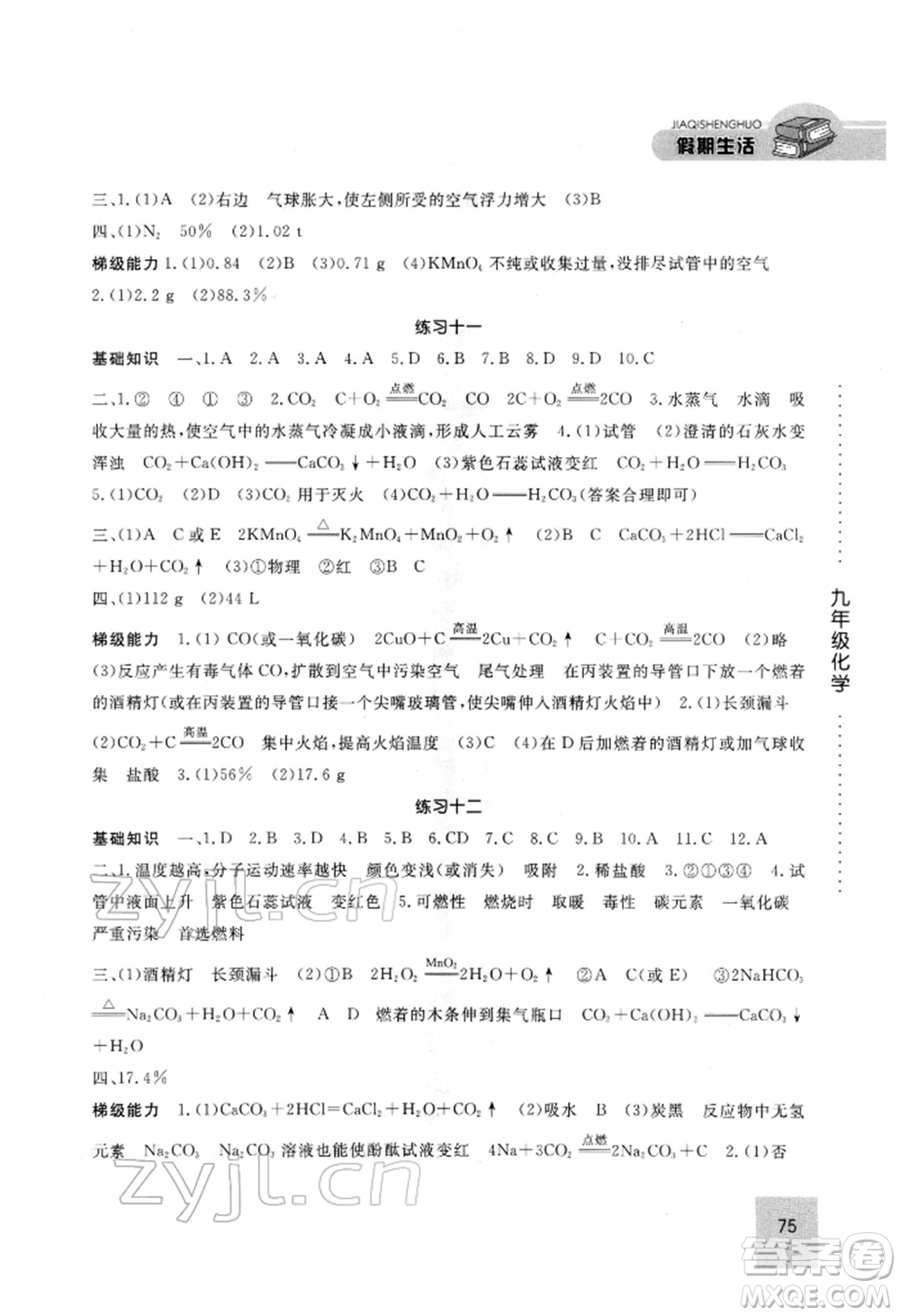 方圓電子音像出版社2022假期生活寒假九年級化學通用版參考答案