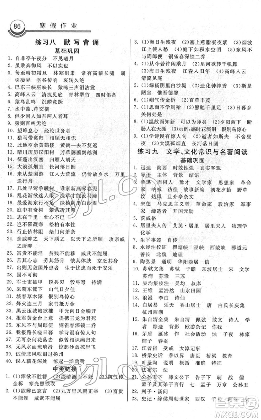 河北美術(shù)出版社2022寒假作業(yè)八年級(jí)語文人教版答案