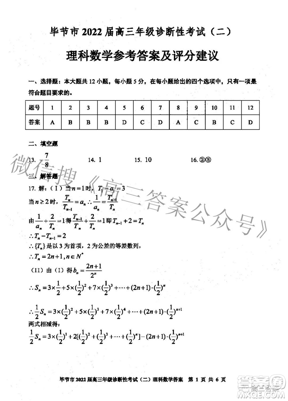 畢節(jié)市2022屆高三年級診斷性考試二理科數(shù)學(xué)試題及答案