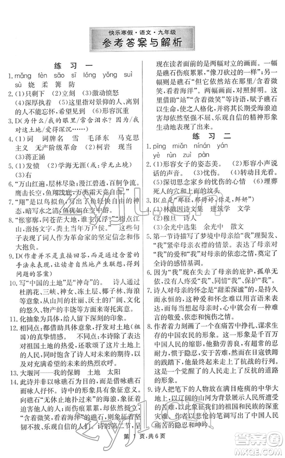 江蘇人民出版社2022快樂寒假九年級(jí)語文通用版答案