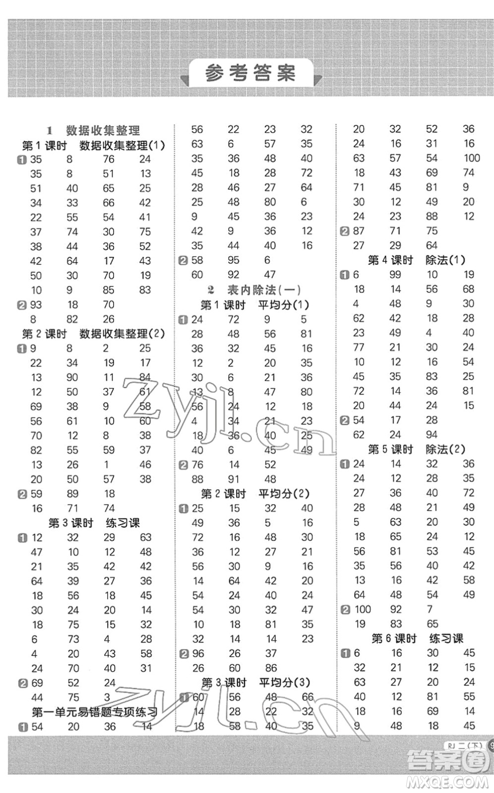 江西教育出版社2022陽光同學計算小達人二年級數學下冊RJ人教版答案