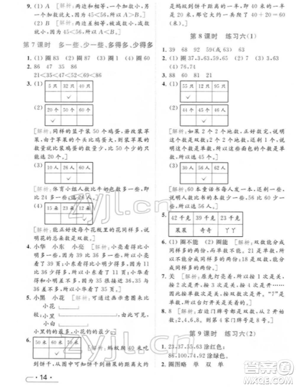 北京教育出版社2022亮點給力提優(yōu)課時作業(yè)本一年級數(shù)學下冊江蘇版參考答案