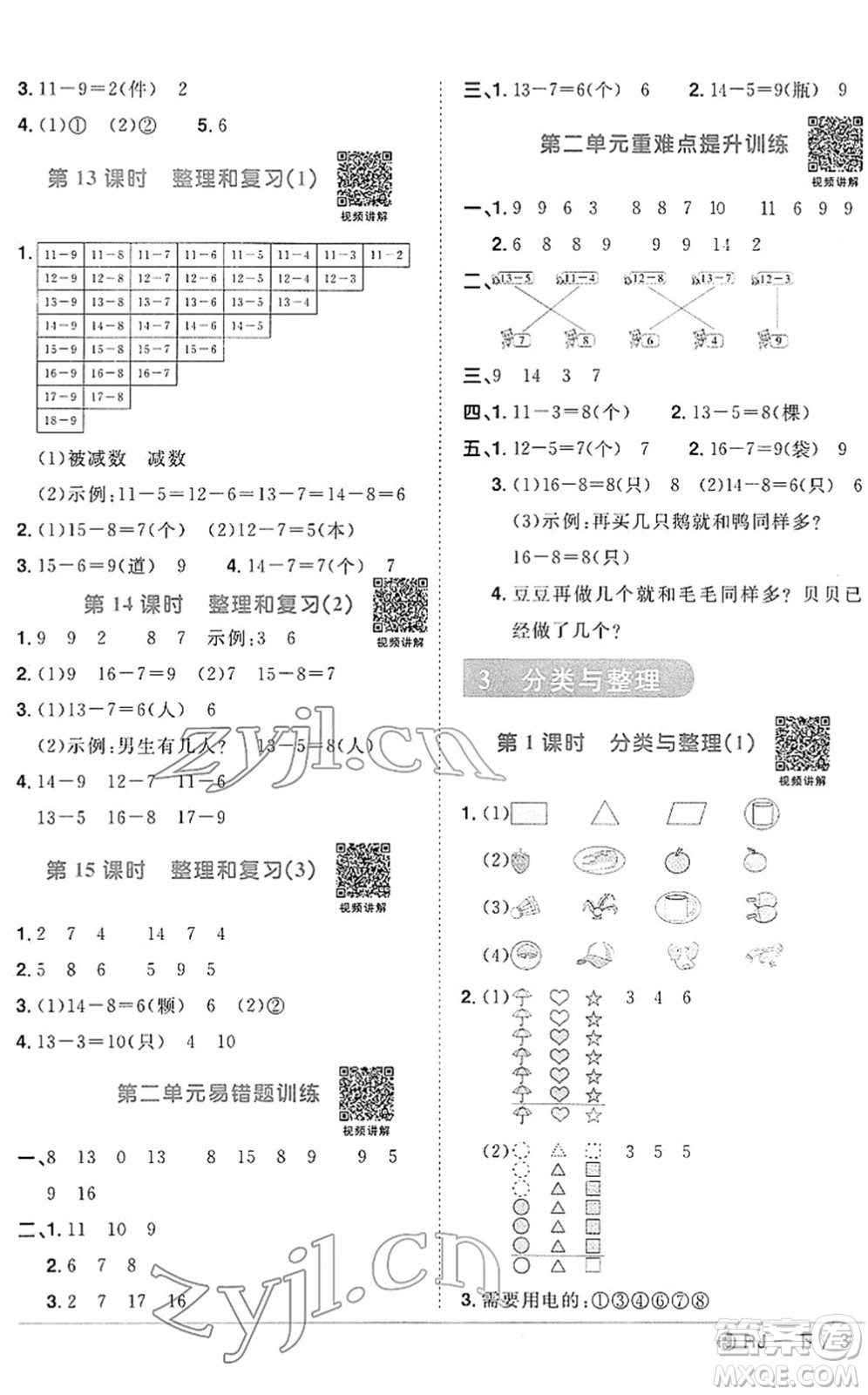 福建少年兒童出版社2022陽光同學課時優(yōu)化作業(yè)一年級數(shù)學下冊RJ人教版福建專版答案