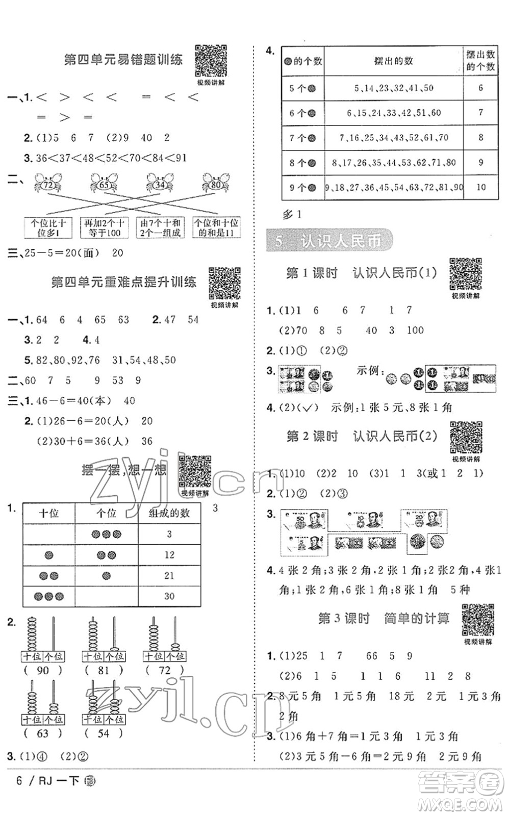 福建少年兒童出版社2022陽光同學課時優(yōu)化作業(yè)一年級數(shù)學下冊RJ人教版福建專版答案