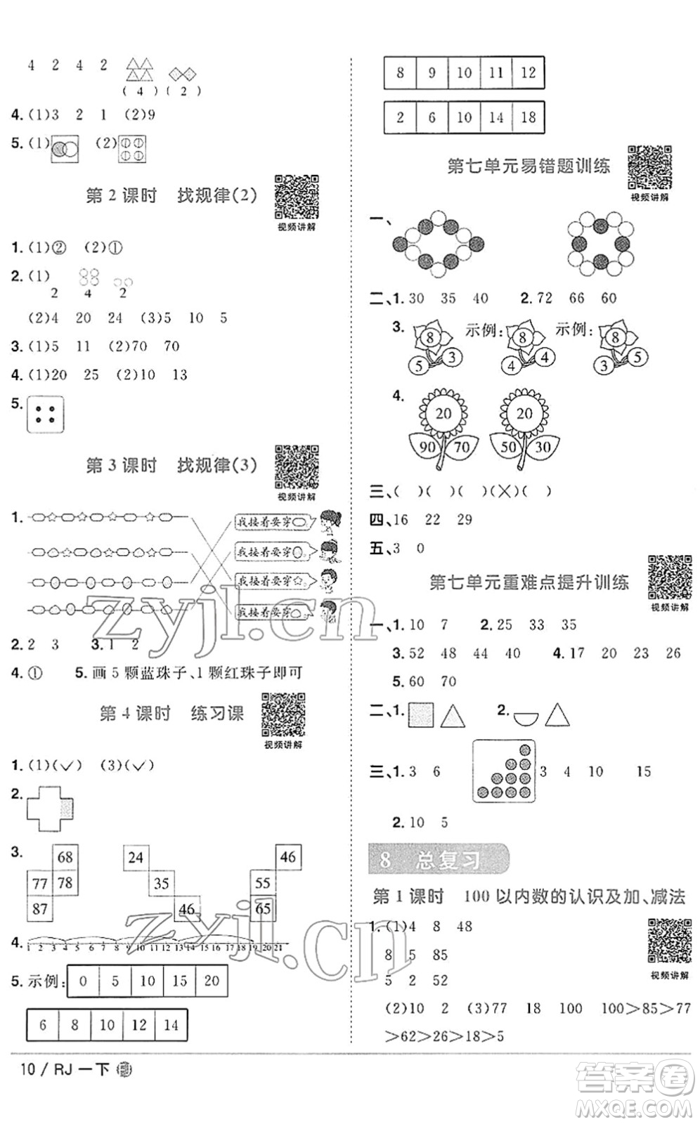 福建少年兒童出版社2022陽光同學課時優(yōu)化作業(yè)一年級數(shù)學下冊RJ人教版福建專版答案