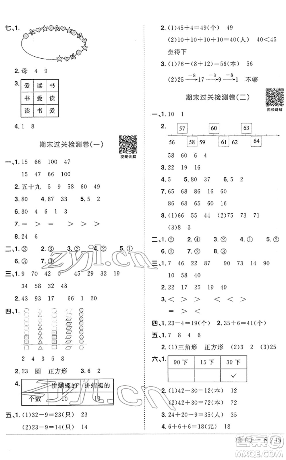 福建少年兒童出版社2022陽光同學課時優(yōu)化作業(yè)一年級數(shù)學下冊RJ人教版福建專版答案