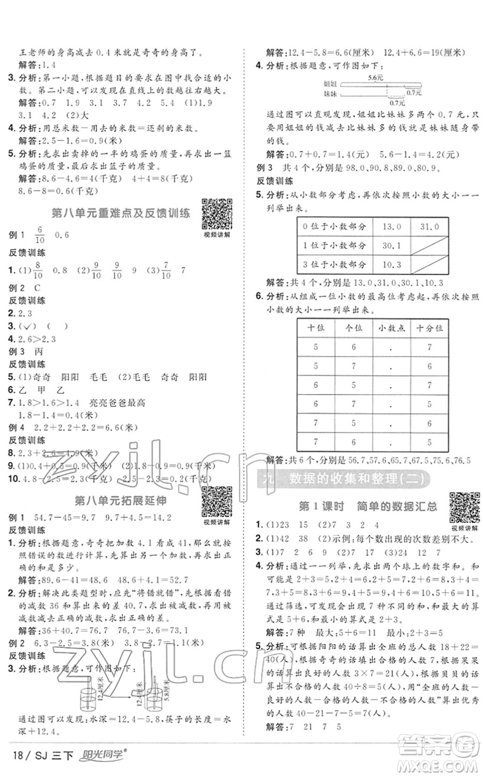 江西教育出版社2022陽光同學(xué)課時(shí)優(yōu)化作業(yè)三年級(jí)數(shù)學(xué)下冊(cè)SJ蘇教版答案