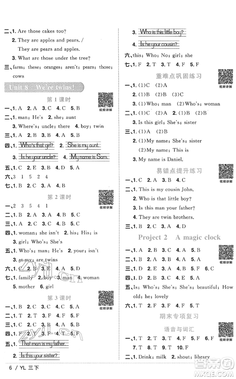 江西教育出版社2022陽光同學課時優(yōu)化作業(yè)三年級英語下冊YL譯林版答案