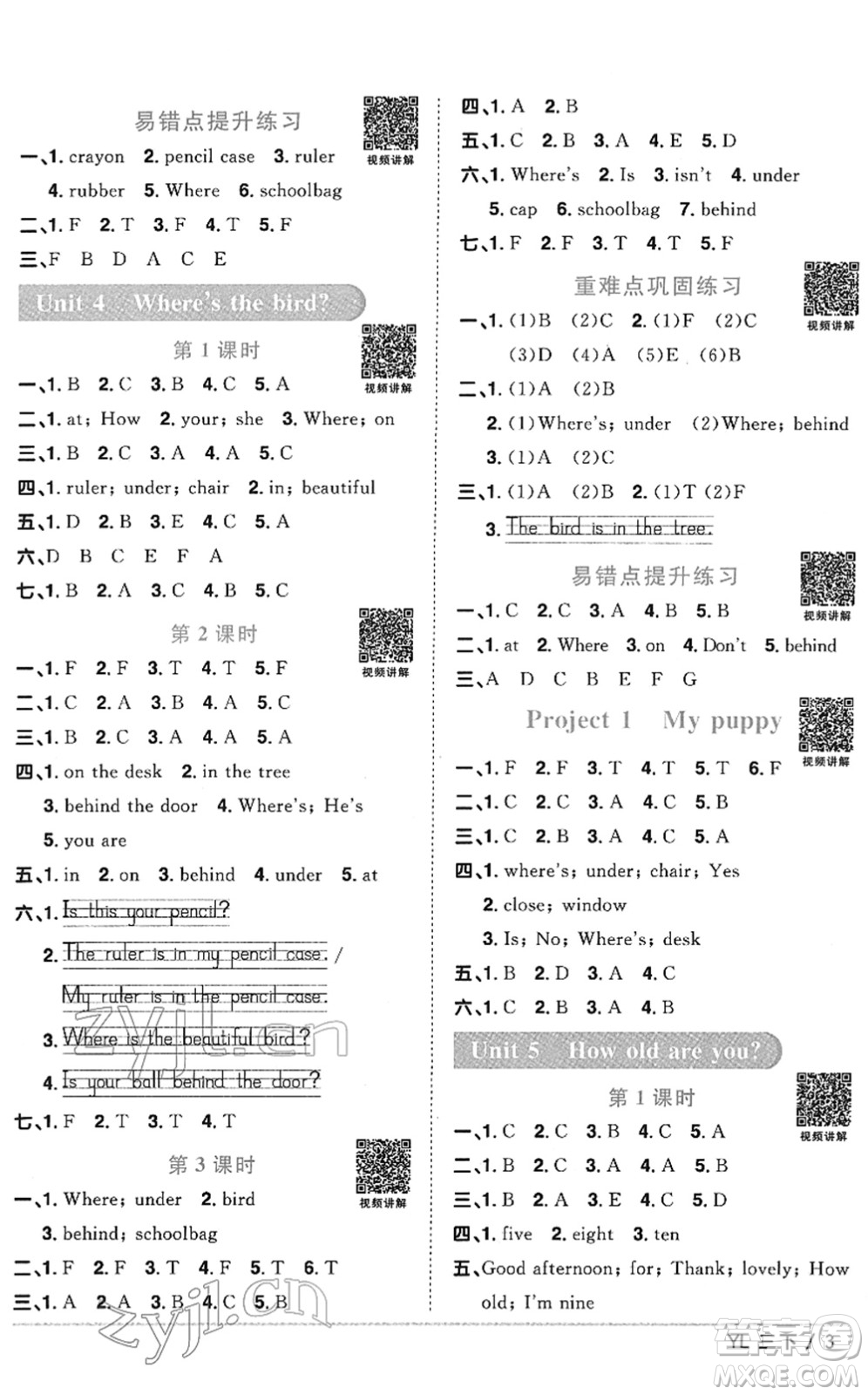 江西教育出版社2022陽光同學課時優(yōu)化作業(yè)三年級英語下冊YL譯林版答案