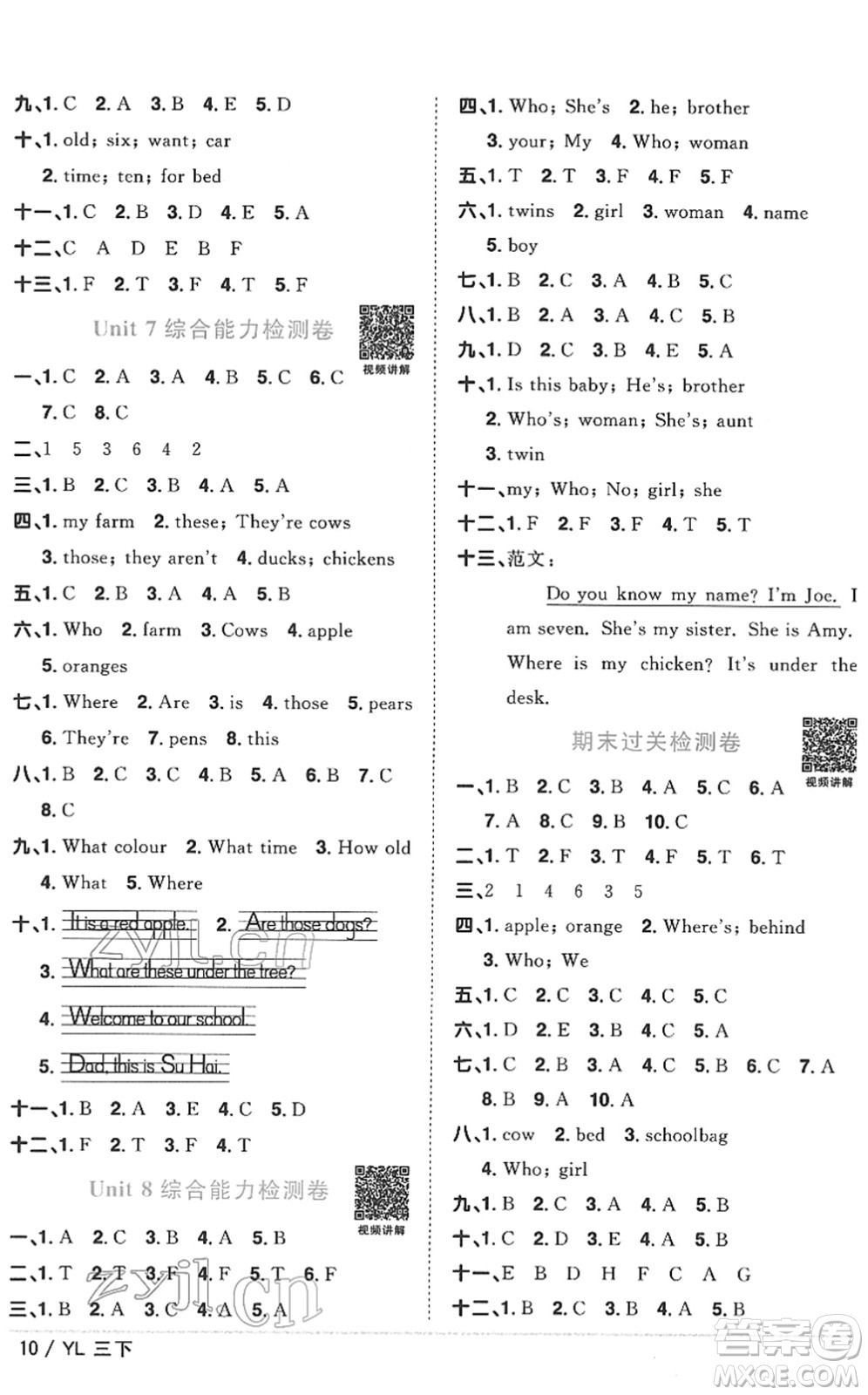 江西教育出版社2022陽光同學課時優(yōu)化作業(yè)三年級英語下冊YL譯林版答案