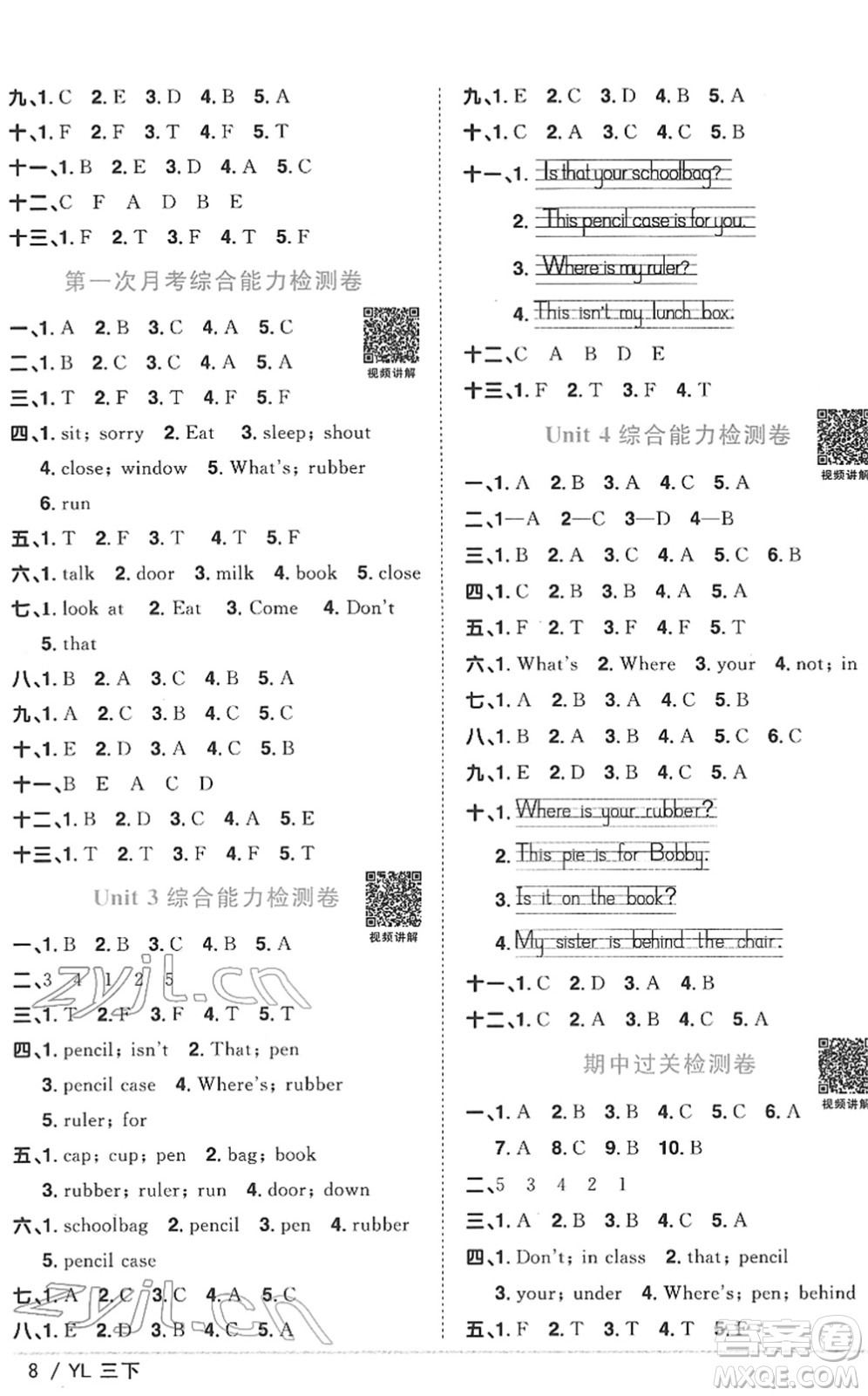 江西教育出版社2022陽光同學課時優(yōu)化作業(yè)三年級英語下冊YL譯林版答案