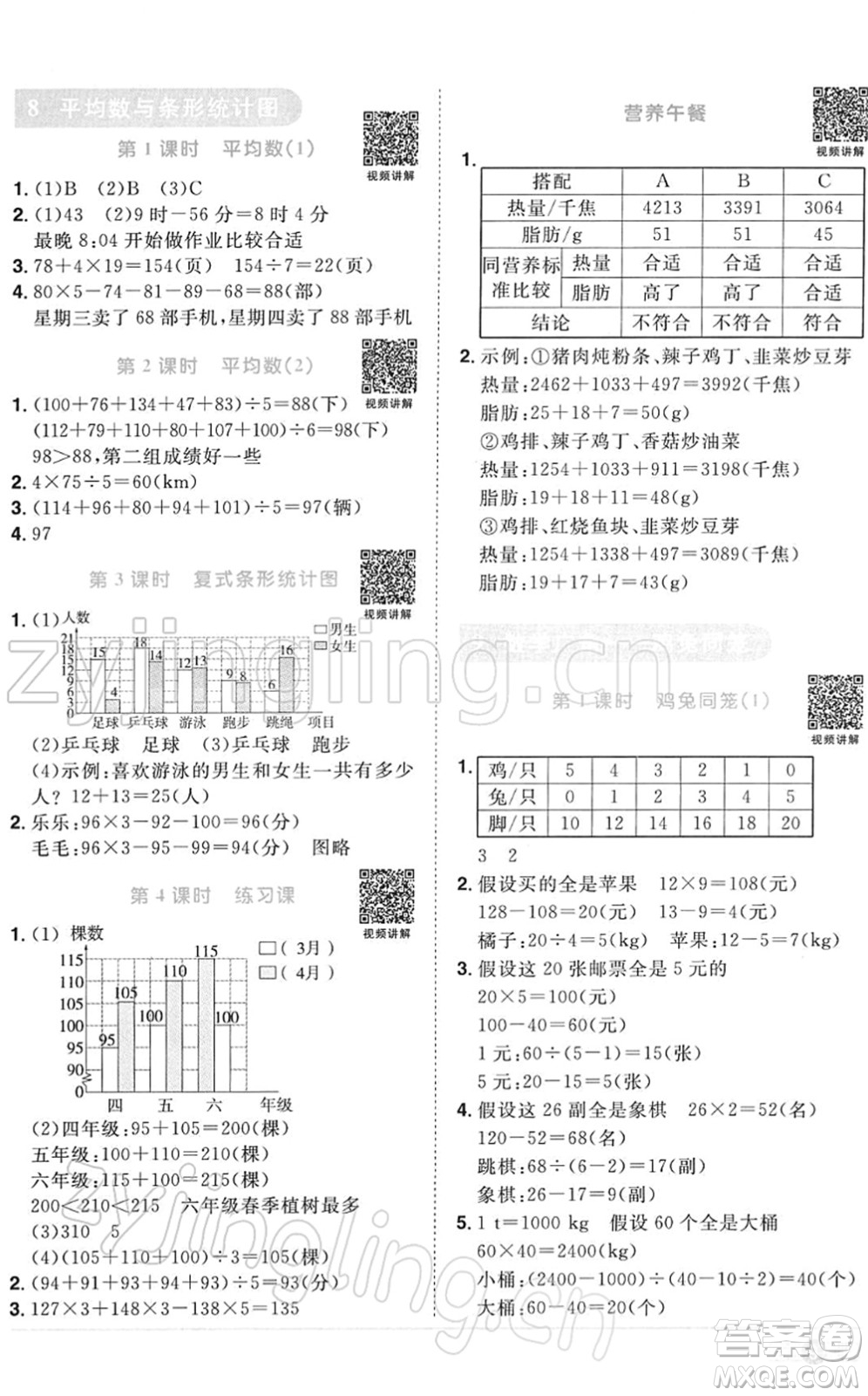 江西教育出版社2022陽光同學課時優(yōu)化作業(yè)四年級數(shù)學下冊RJ人教版答案