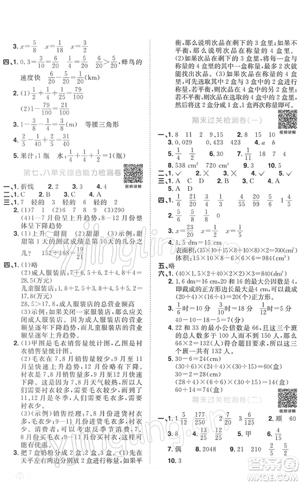 江西教育出版社2022陽光同學課時優(yōu)化作業(yè)五年級數學下冊RJ人教版答案