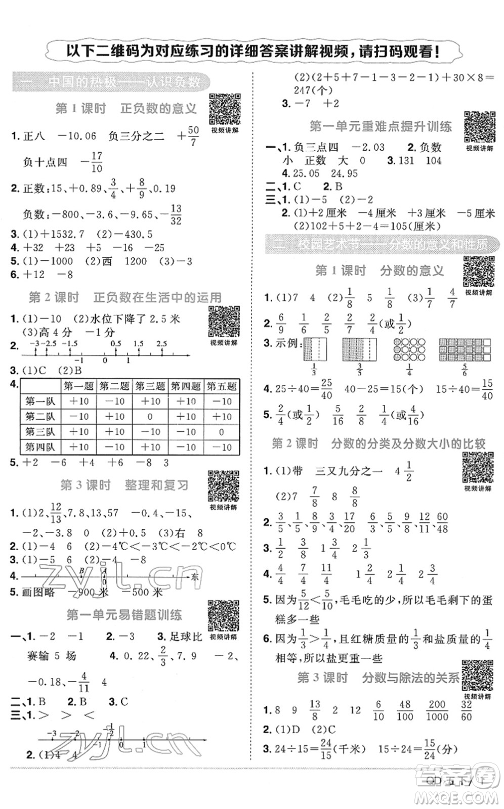 江西教育出版社2022陽光同學課時優(yōu)化作業(yè)五年級數(shù)學下冊QD青島版答案