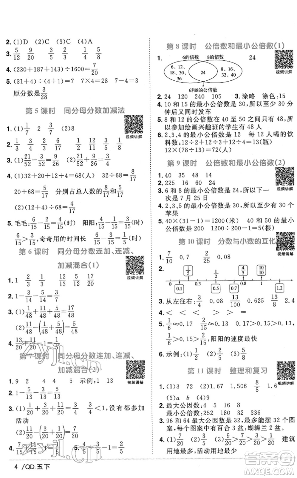 江西教育出版社2022陽光同學課時優(yōu)化作業(yè)五年級數(shù)學下冊QD青島版答案