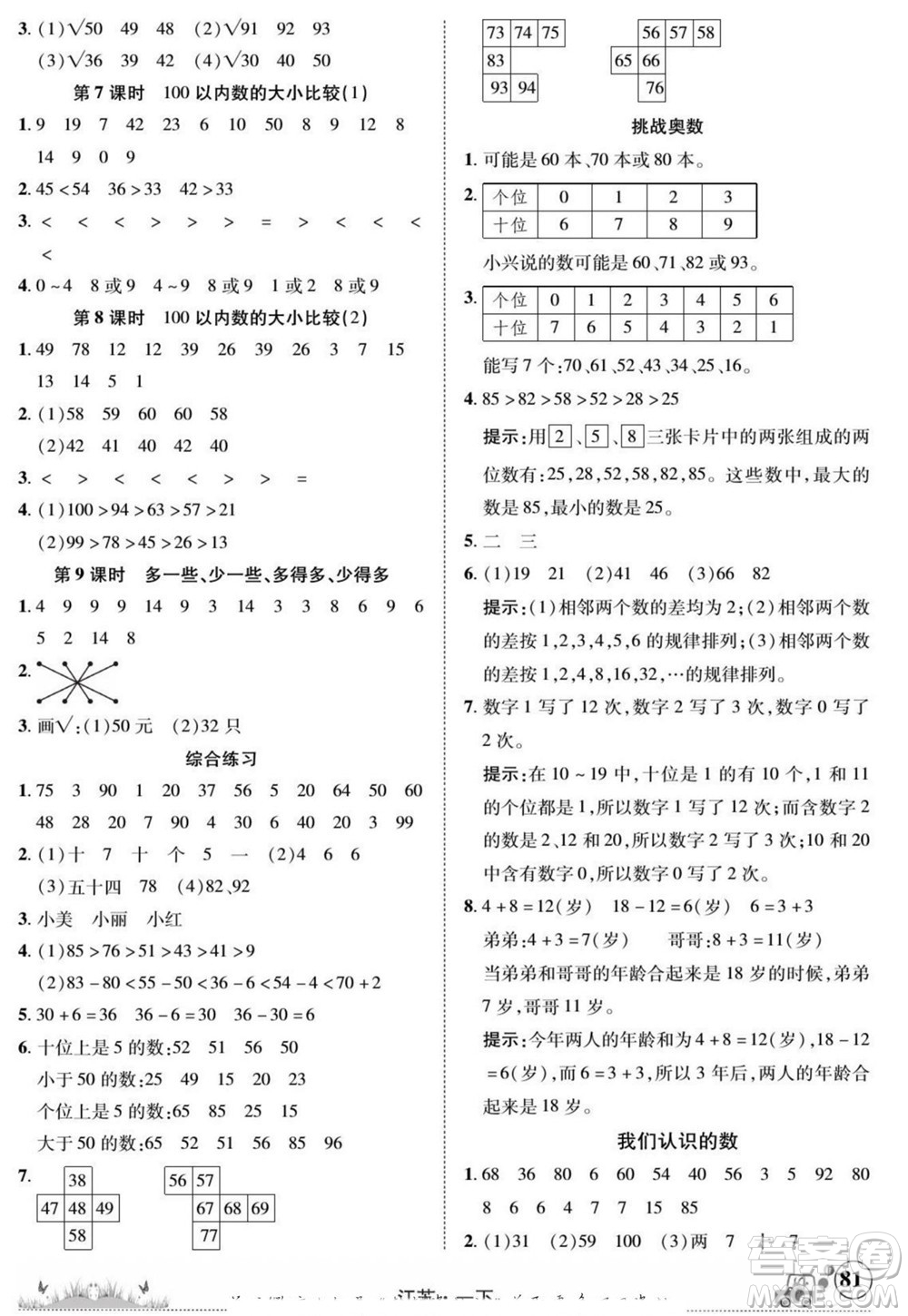 新疆青少年出版社2022英才小靈通數(shù)學(xué)一年級(jí)下冊江蘇版答案