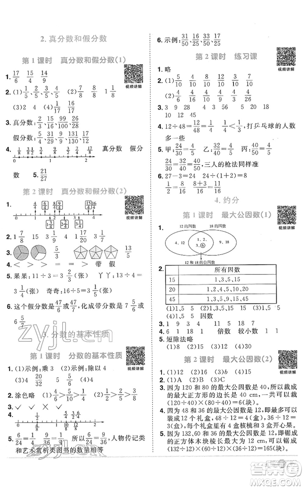 江西教育出版社2022陽光同學課時優(yōu)化作業(yè)五年級數(shù)學下冊RJ人教版菏澤專版答案