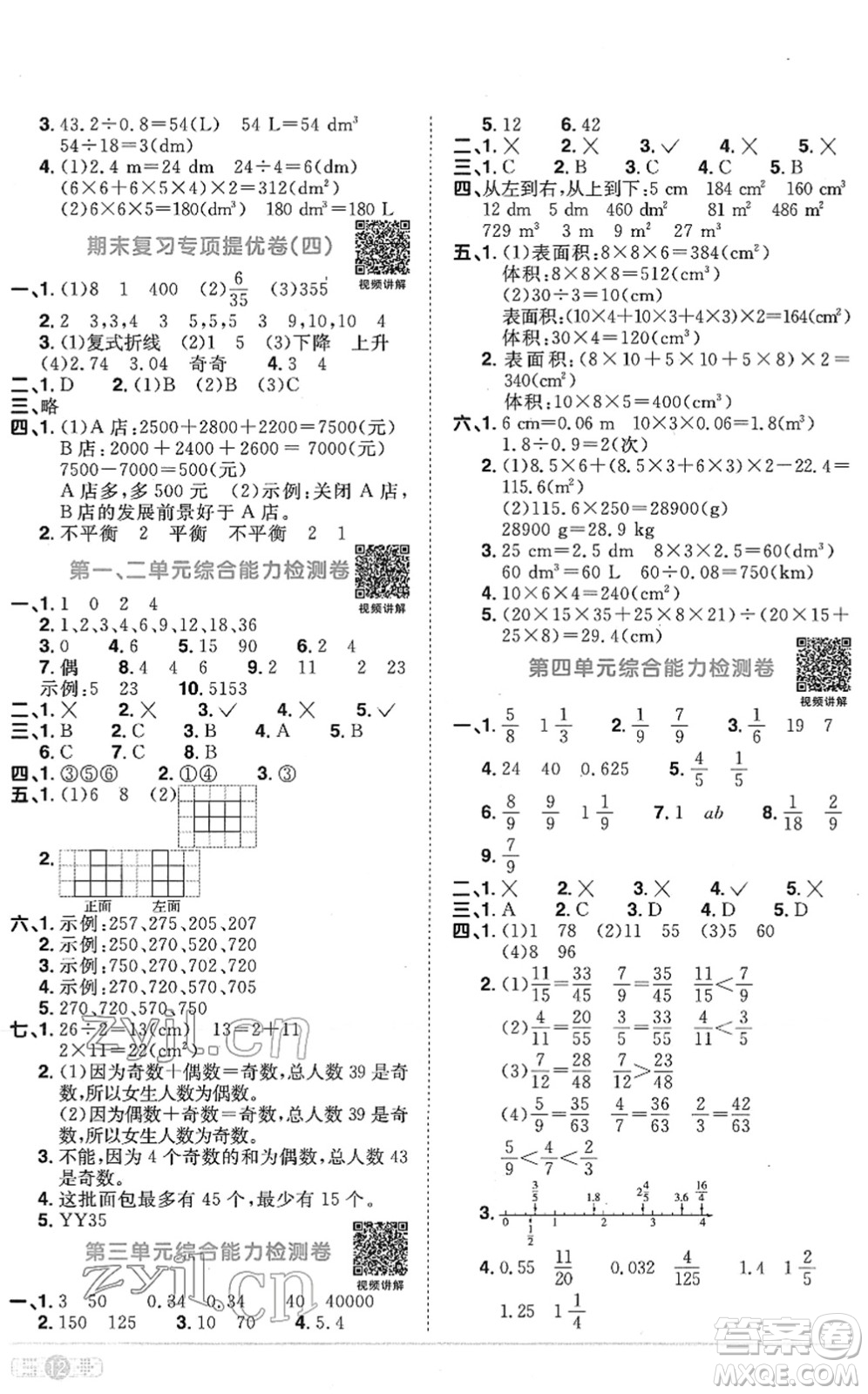 江西教育出版社2022陽光同學課時優(yōu)化作業(yè)五年級數(shù)學下冊RJ人教版菏澤專版答案