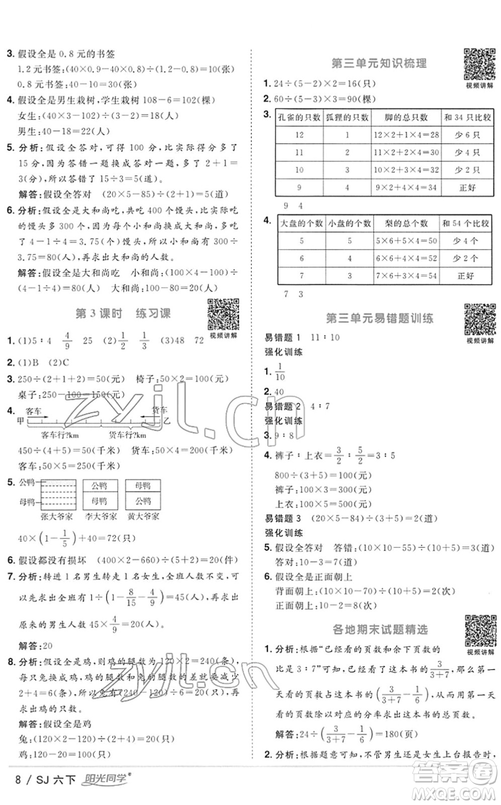 江西教育出版社2022陽(yáng)光同學(xué)課時(shí)優(yōu)化作業(yè)六年級(jí)數(shù)學(xué)下冊(cè)SJ蘇教版答案