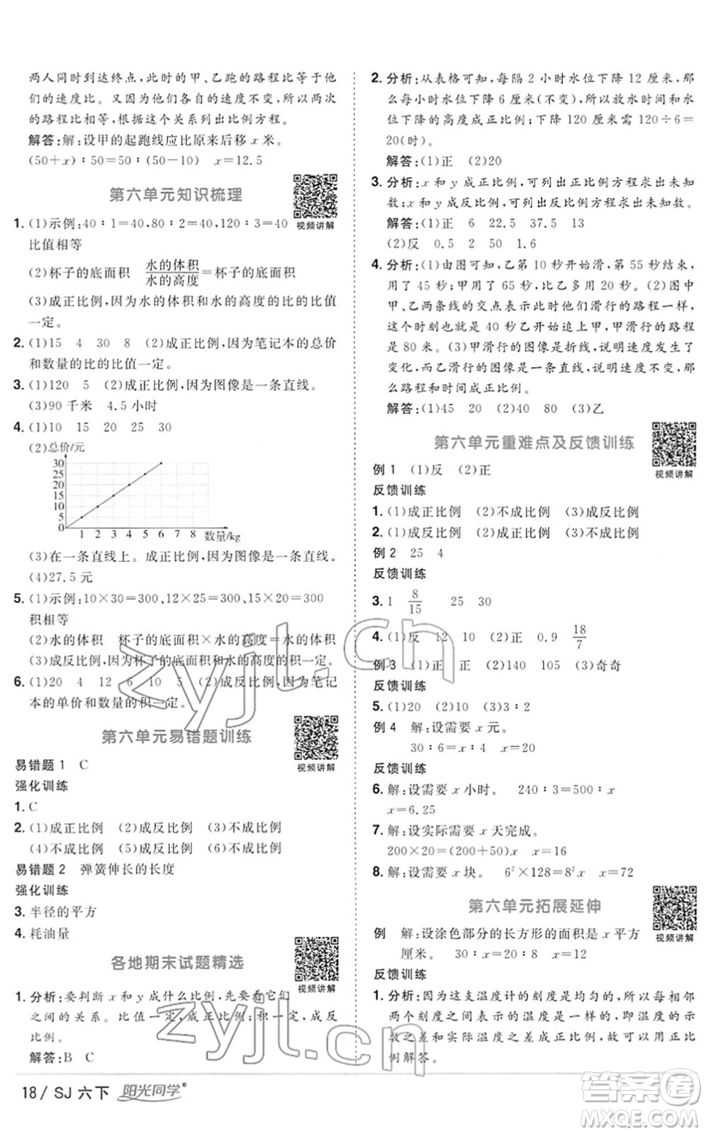 江西教育出版社2022陽(yáng)光同學(xué)課時(shí)優(yōu)化作業(yè)六年級(jí)數(shù)學(xué)下冊(cè)SJ蘇教版答案