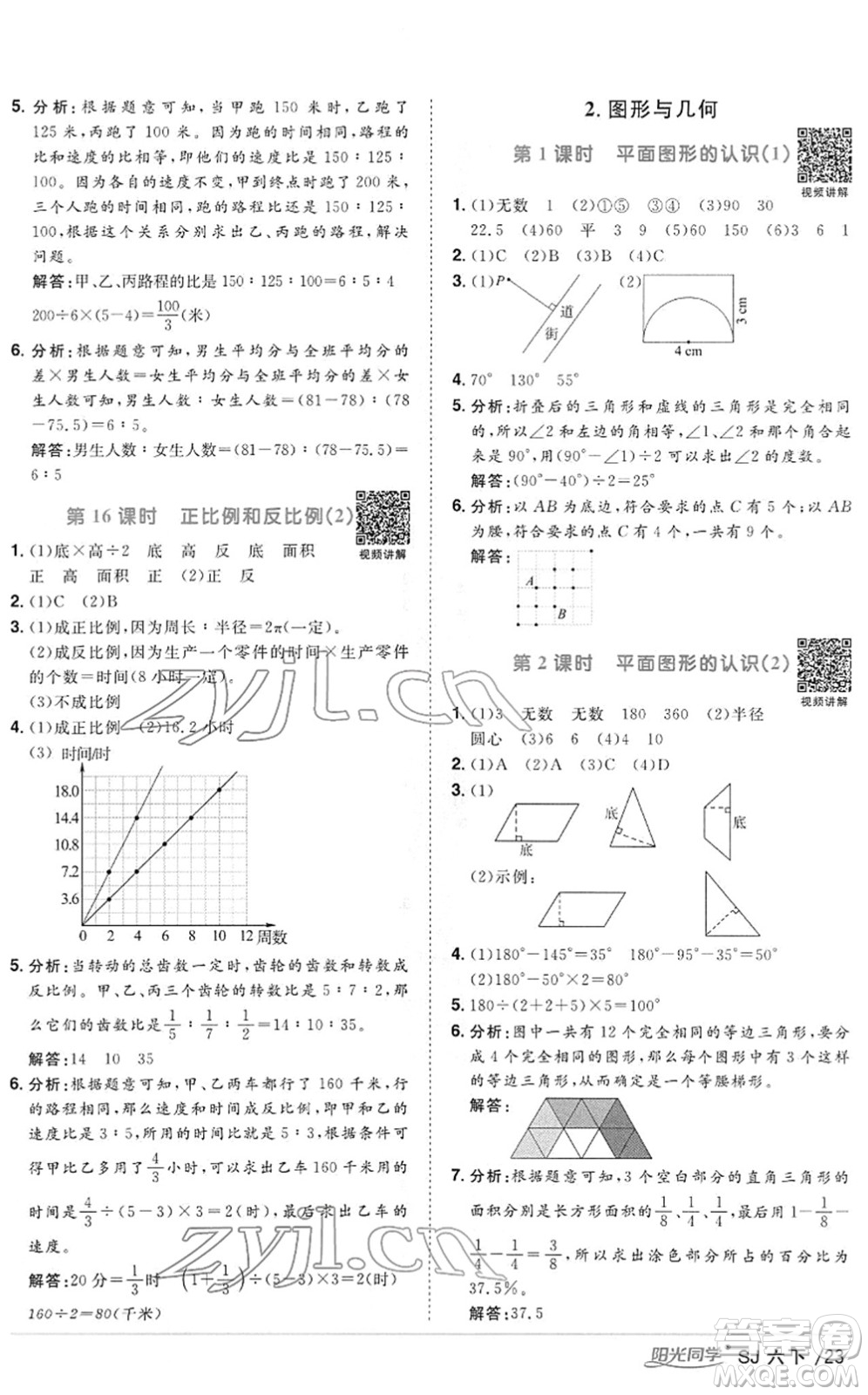 江西教育出版社2022陽(yáng)光同學(xué)課時(shí)優(yōu)化作業(yè)六年級(jí)數(shù)學(xué)下冊(cè)SJ蘇教版答案