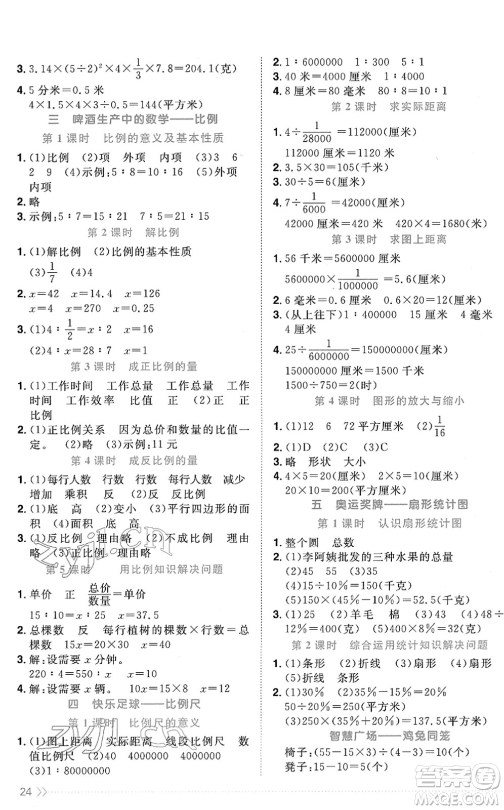 江西教育出版社2022陽光同學(xué)課時(shí)優(yōu)化作業(yè)六年級數(shù)學(xué)下冊QD青島版答案