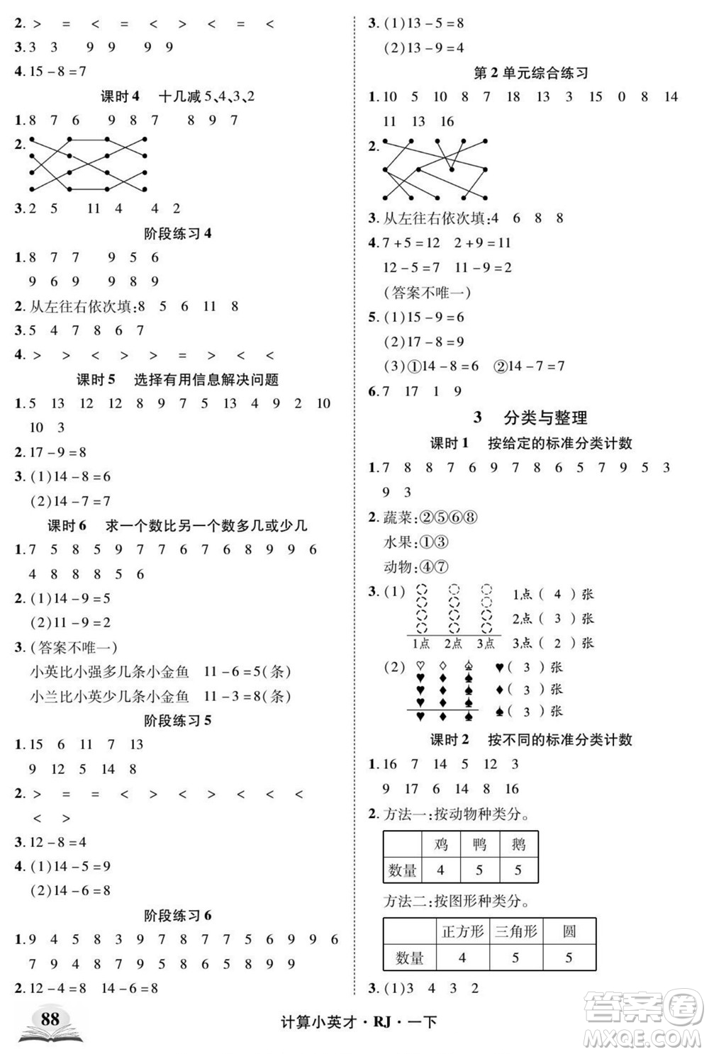 武漢出版社2022計算小英才數學一年級下冊RJ人教版答案