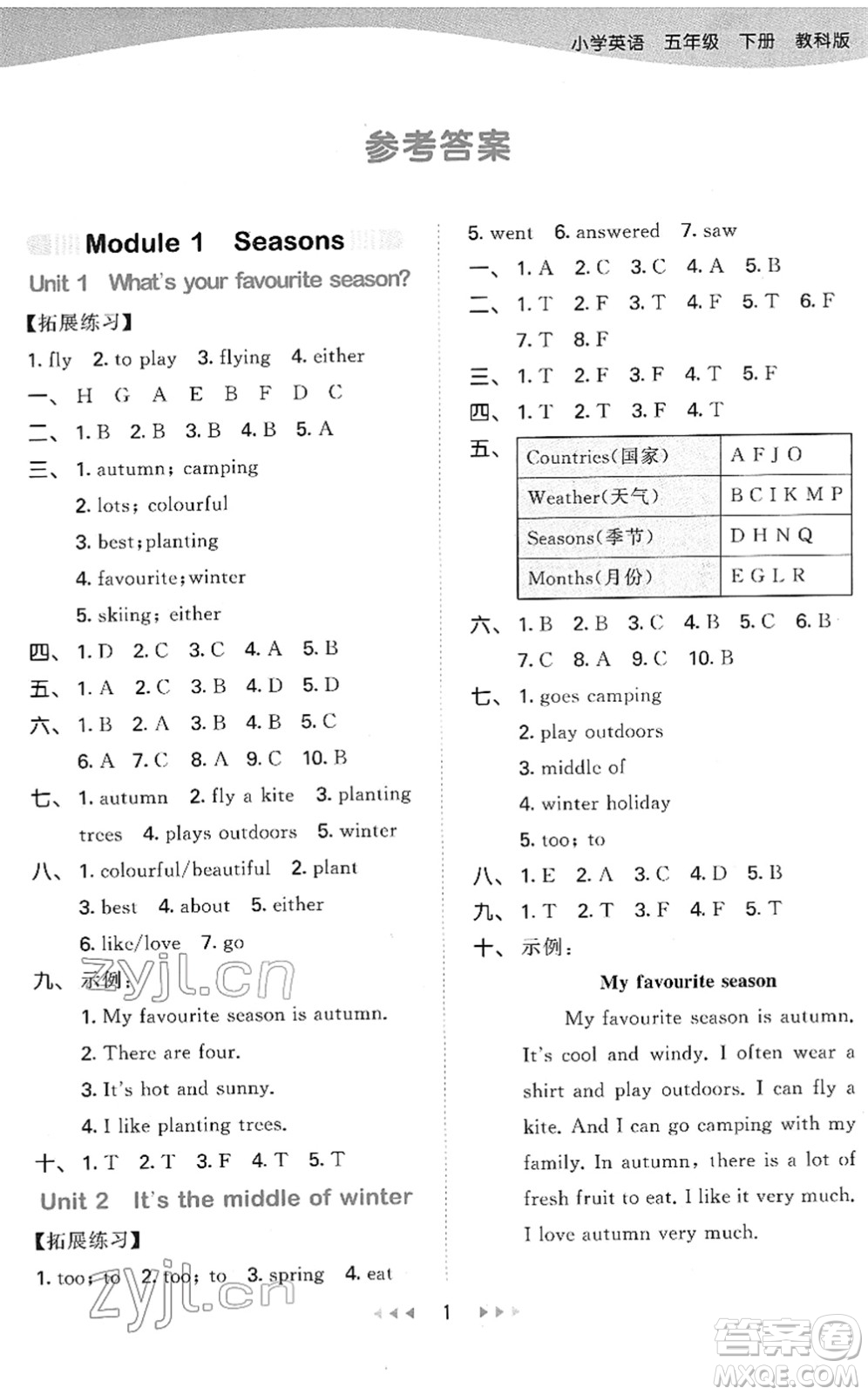 教育科學(xué)出版社2022春季53天天練五年級英語下冊教科版廣州專用答案