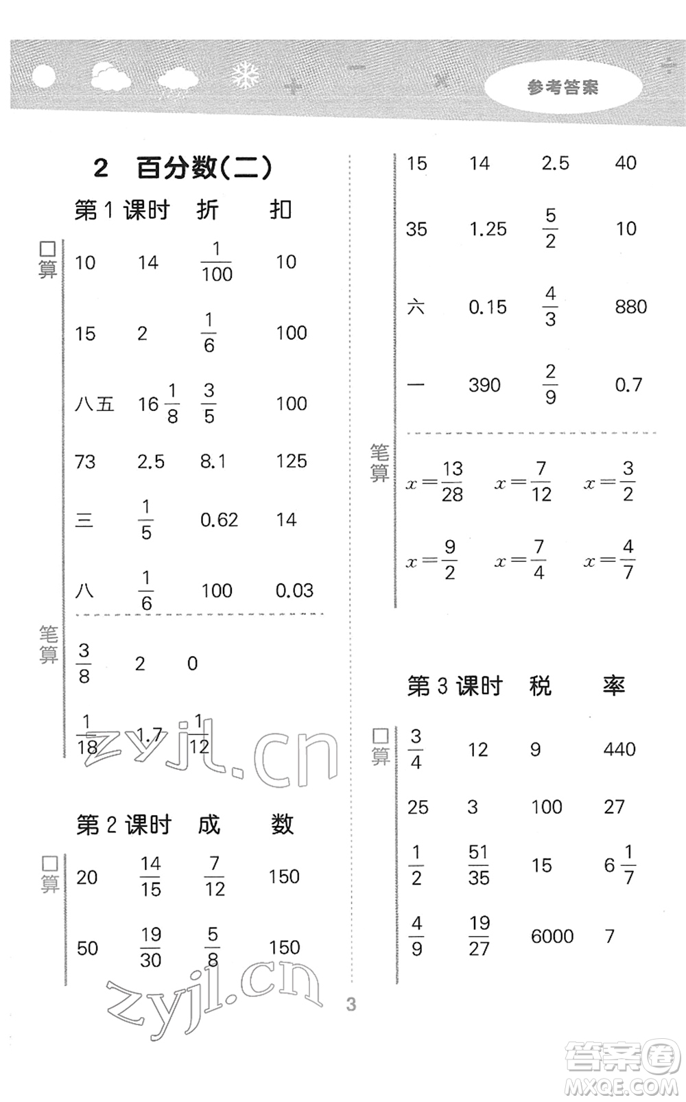 教育科學(xué)出版社2022小學(xué)口算大通關(guān)六年級(jí)數(shù)學(xué)下冊(cè)RJ人教版答案