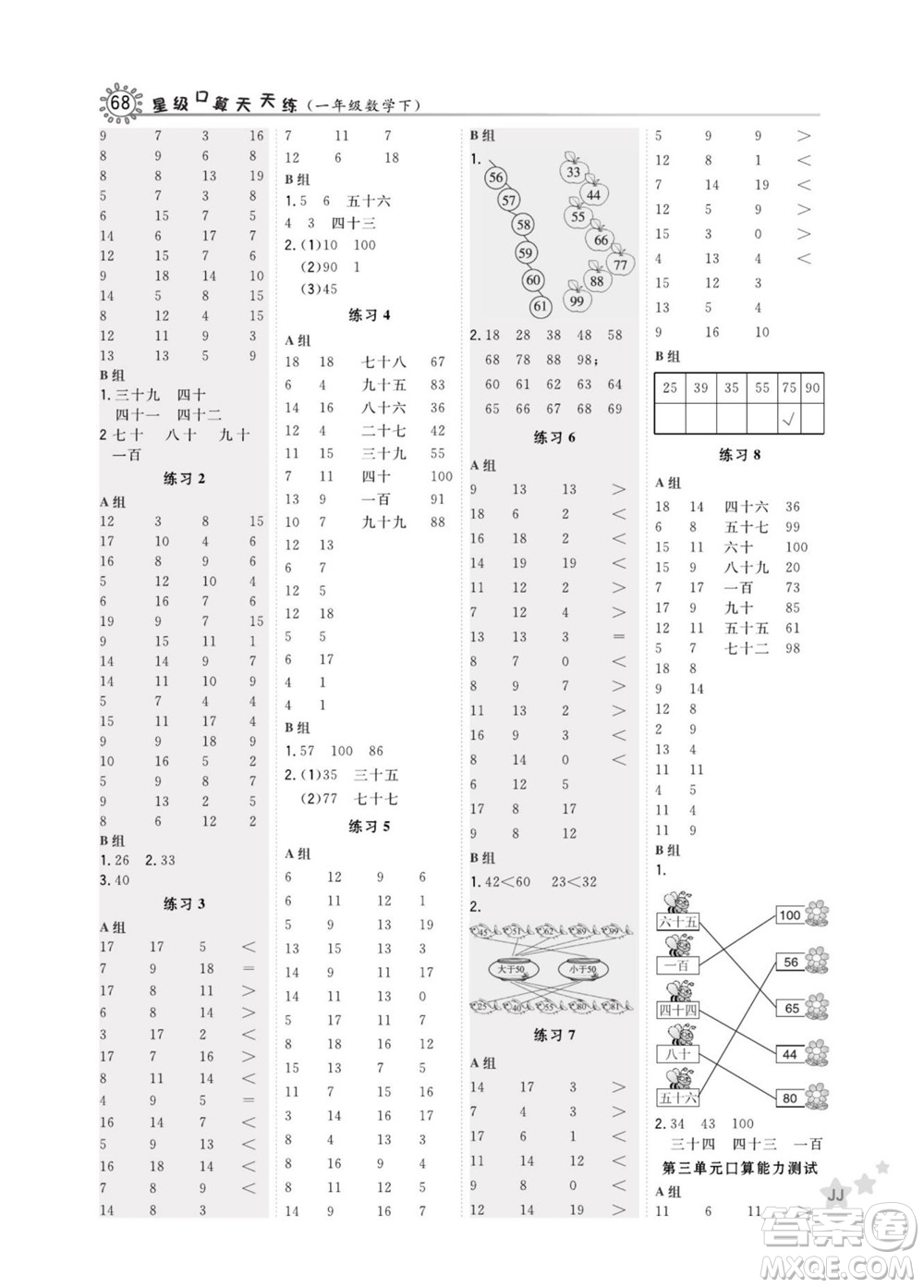 安徽教育出版社2022星級(jí)口算天天練一年級(jí)下冊(cè)數(shù)學(xué)JJ冀教版答案