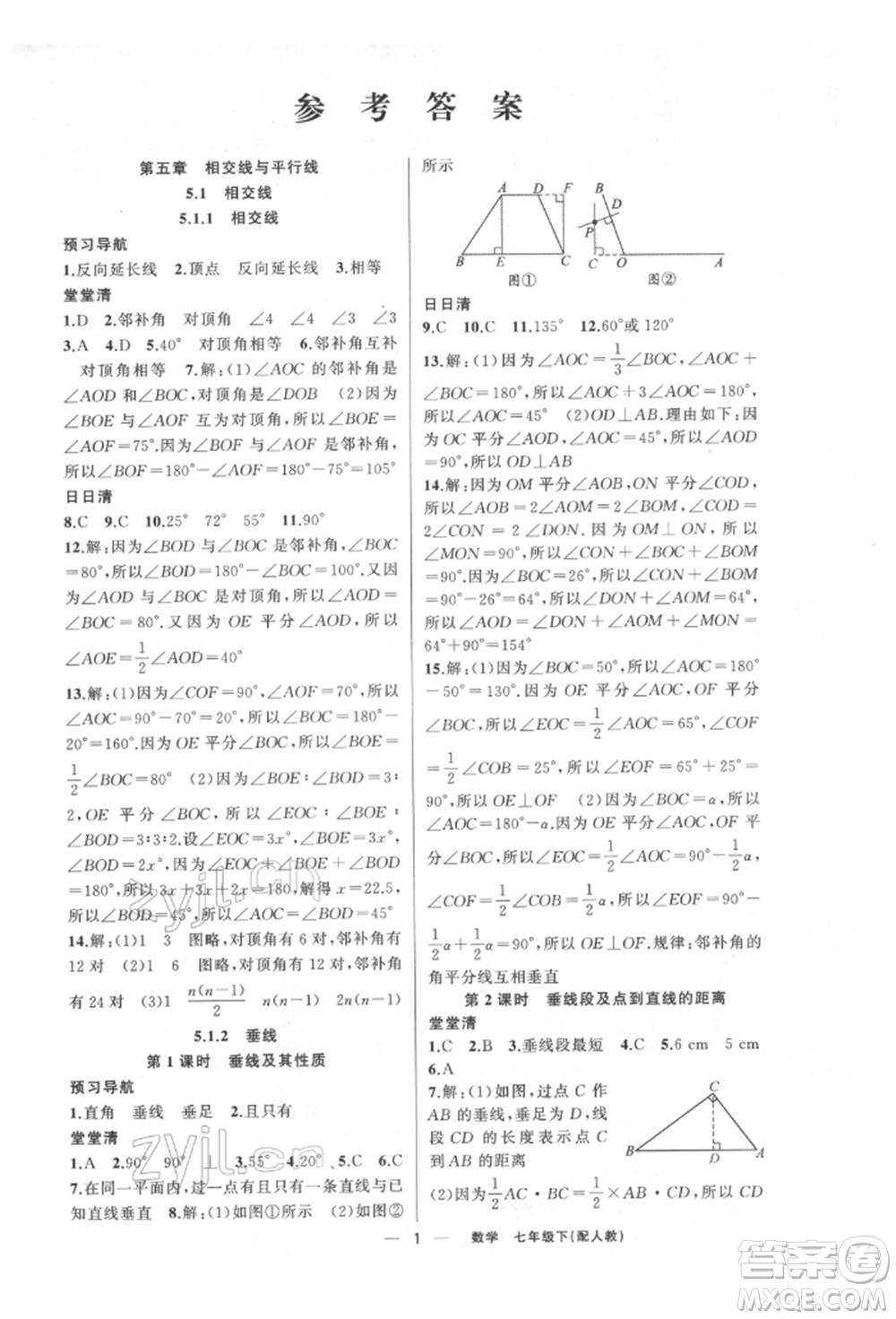 新疆青少年出版社2022四清導(dǎo)航七年級數(shù)學(xué)下冊人教版參考答案