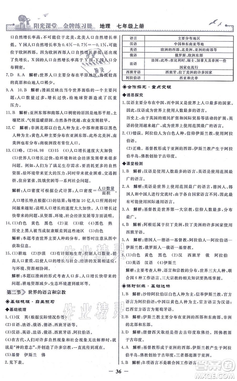 人民教育出版社2021陽(yáng)光課堂金牌練習(xí)冊(cè)七年級(jí)地理上冊(cè)人教版答案