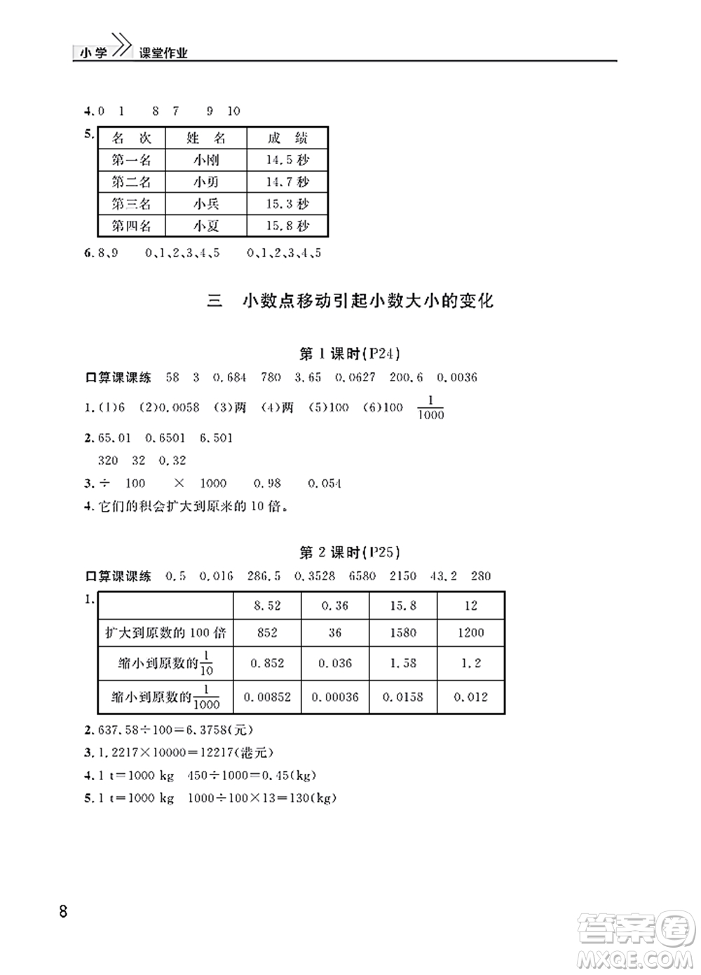 武漢出版社2022智慧學(xué)習(xí)天天向上課堂作業(yè)四年級數(shù)學(xué)下冊人教版答案