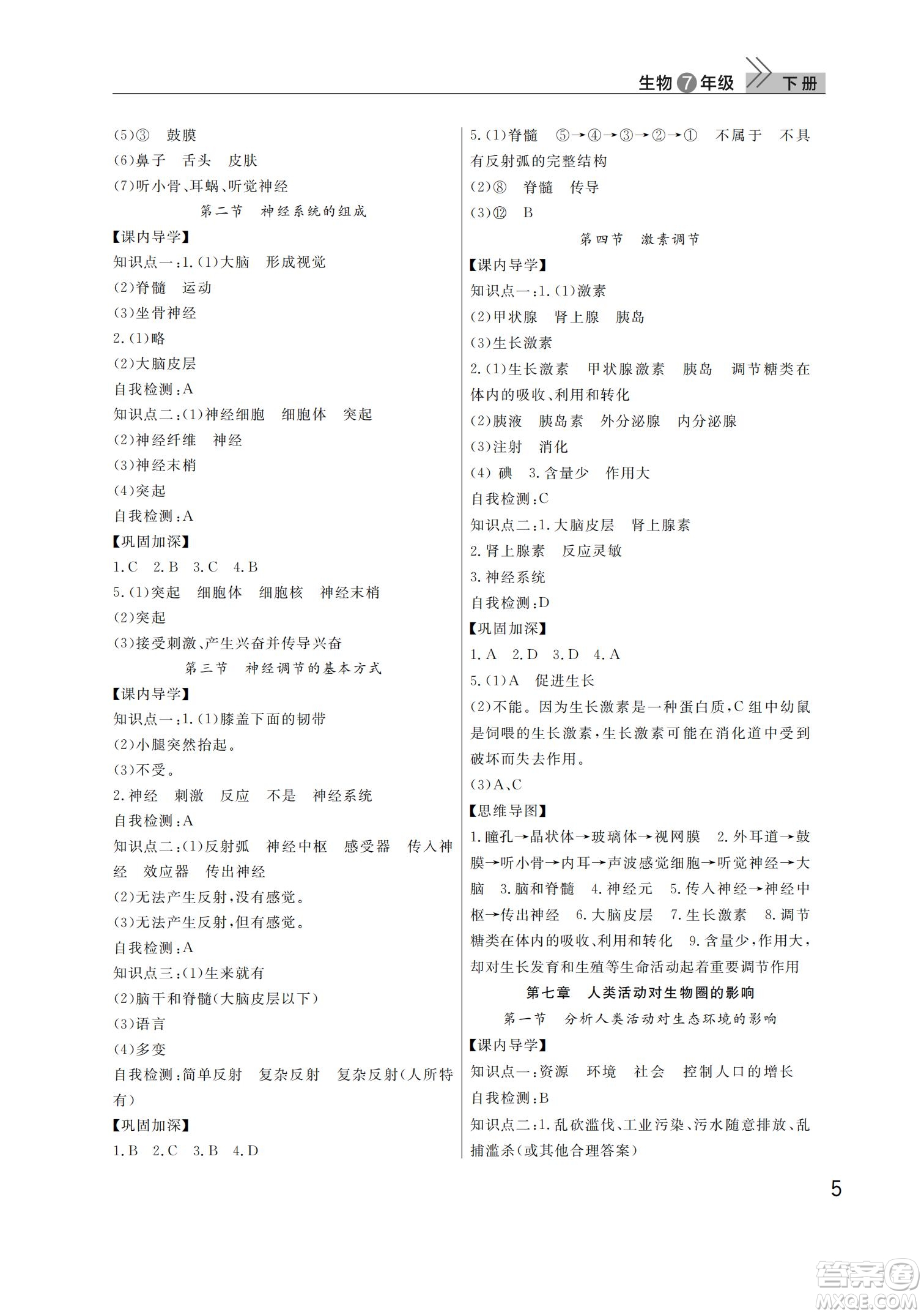 武漢出版社2022智慧學(xué)習(xí)天天向上課堂作業(yè)七年級(jí)生物下冊人教版答案