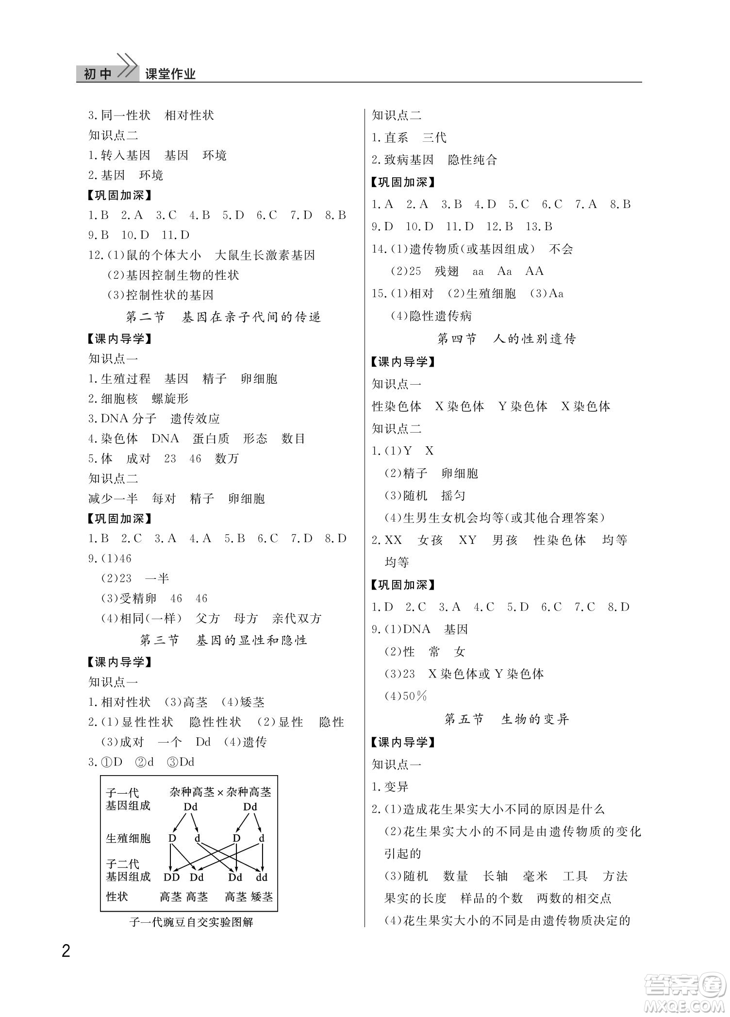 武漢出版社2022智慧學(xué)習(xí)天天向上課堂作業(yè)八年級(jí)生物下冊(cè)人教版答案