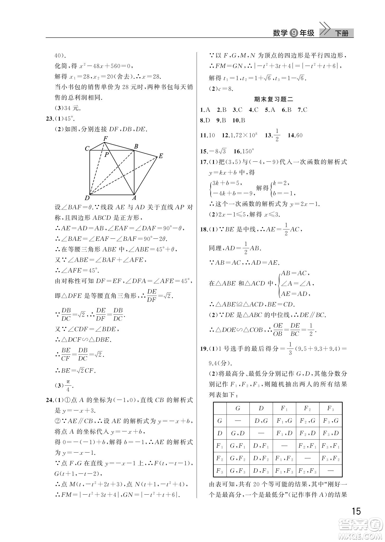 武漢出版社2022智慧學(xué)習(xí)天天向上課堂作業(yè)九年級數(shù)學(xué)下冊人教版答案