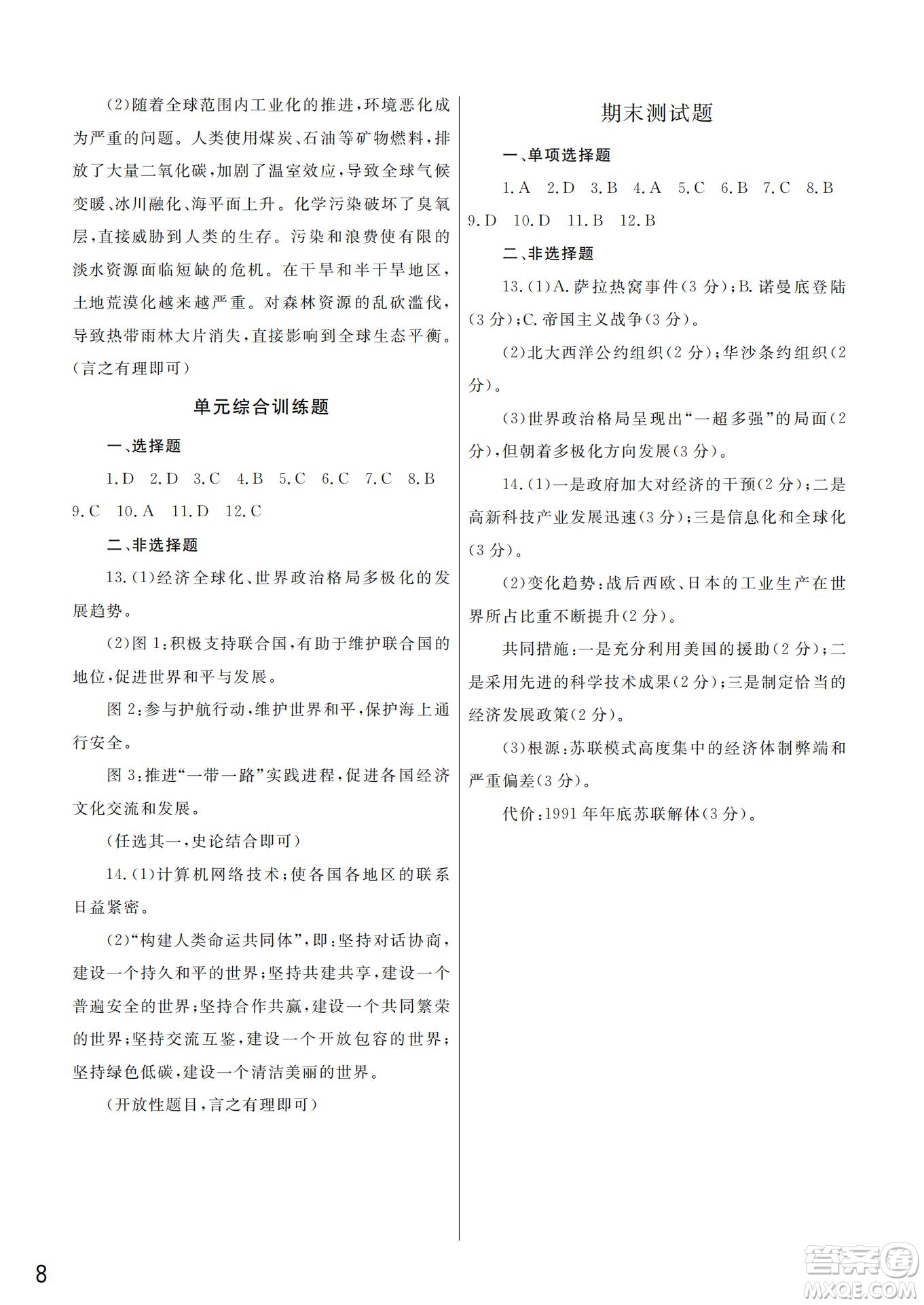 武漢出版社2022智慧學(xué)習(xí)天天向上課堂作業(yè)九年級歷史下冊人教版答案