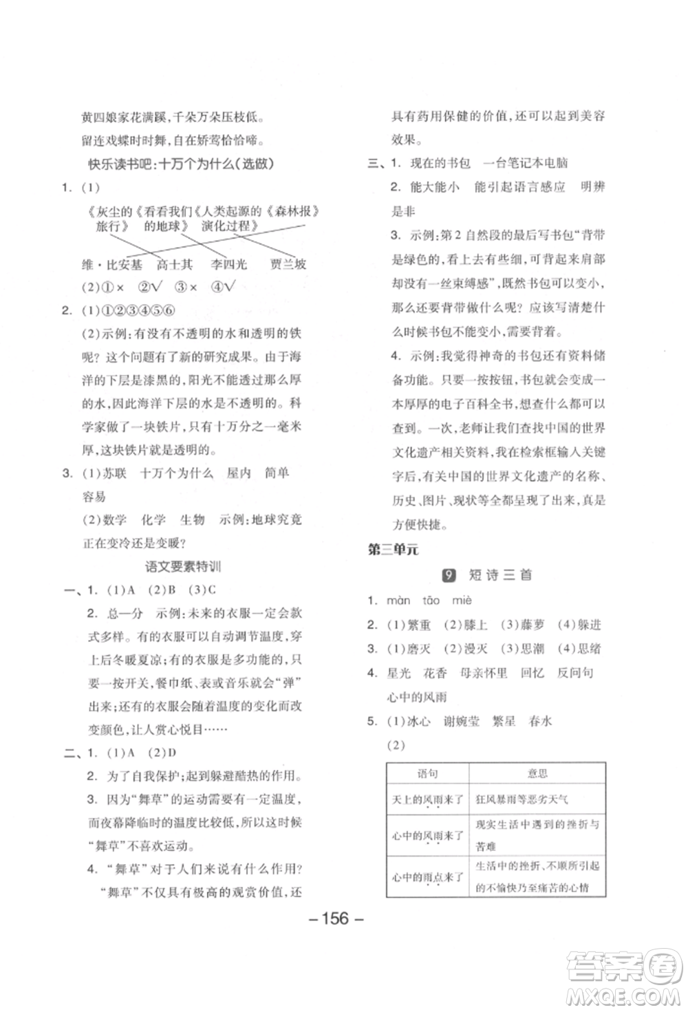 開(kāi)明出版社2022全品學(xué)練考四年級(jí)語(yǔ)文下冊(cè)人教版江蘇專(zhuān)版參考答案