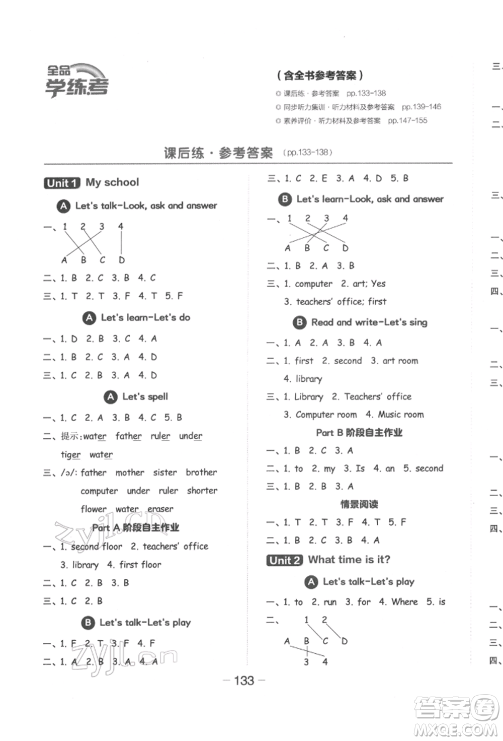 開(kāi)明出版社2022全品學(xué)練考四年級(jí)英語(yǔ)下冊(cè)人教版參考答案